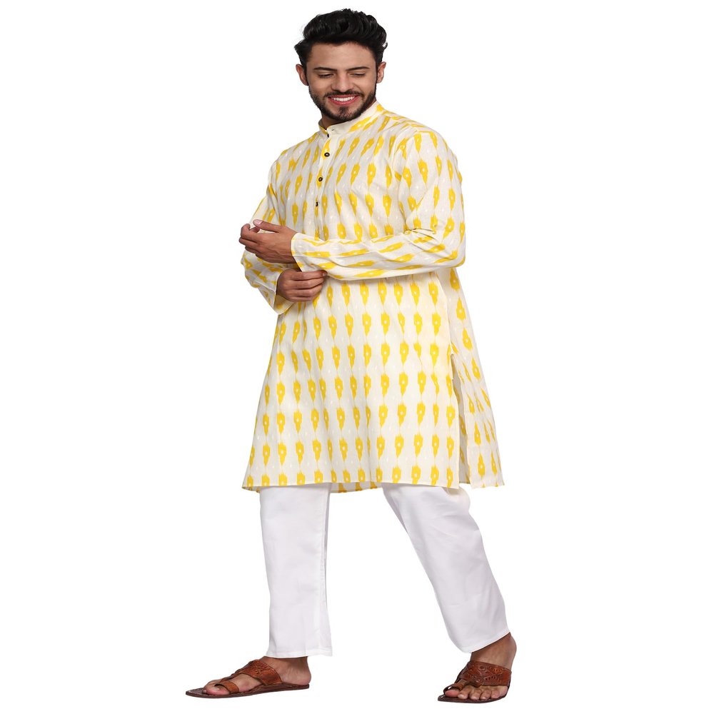 TOSQP27 Mens Cotton Kurta Pajamas Set Yellow Ethnic Grooms Outfit Festive Long Sleeve