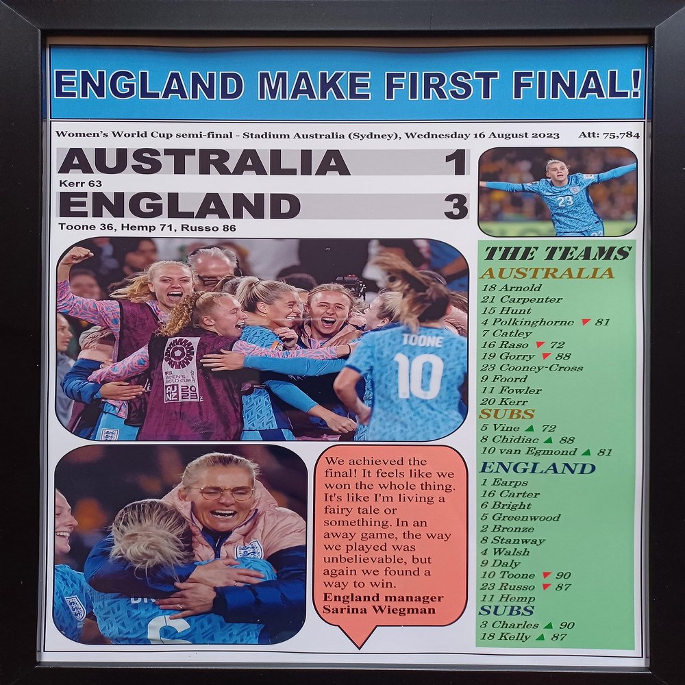 Australia 1 England 3-2023 Women's World Cup semi-final - framed print