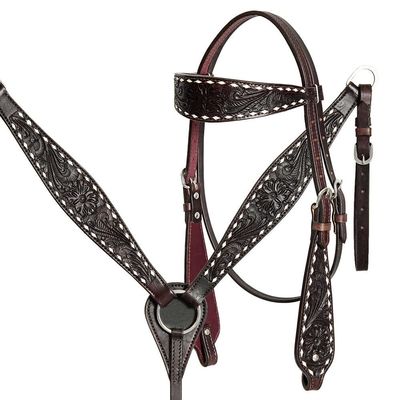 Western Headstall Breast Collar Reins Set Leather Hand Carved Tooled Equestrian Trail Horse Saddle Tack Set Full Cob Pony ST-HTS-014 (Cob)