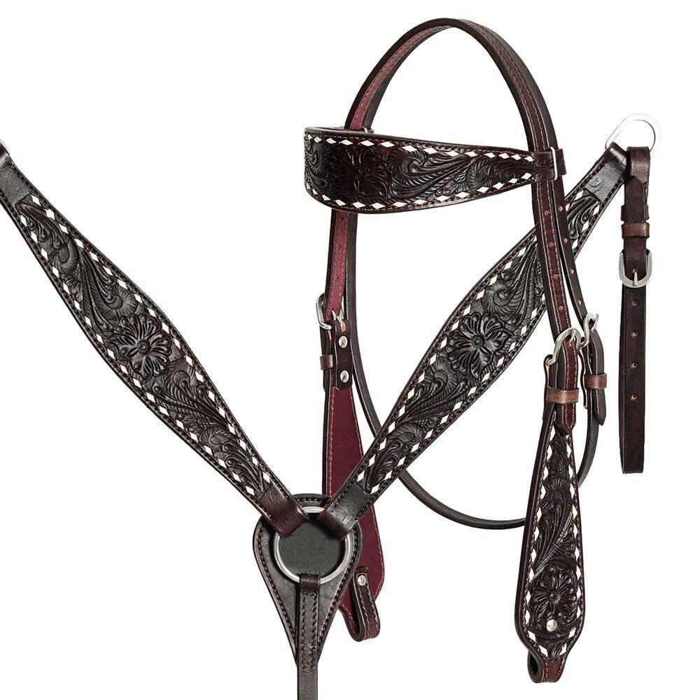 Western Headstall Breast Collar Reins Set Leather Hand Carved Tooled Equestrian Trail Horse Saddle Tack Set Full Cob Pony ST-HTS-014 (Cob)