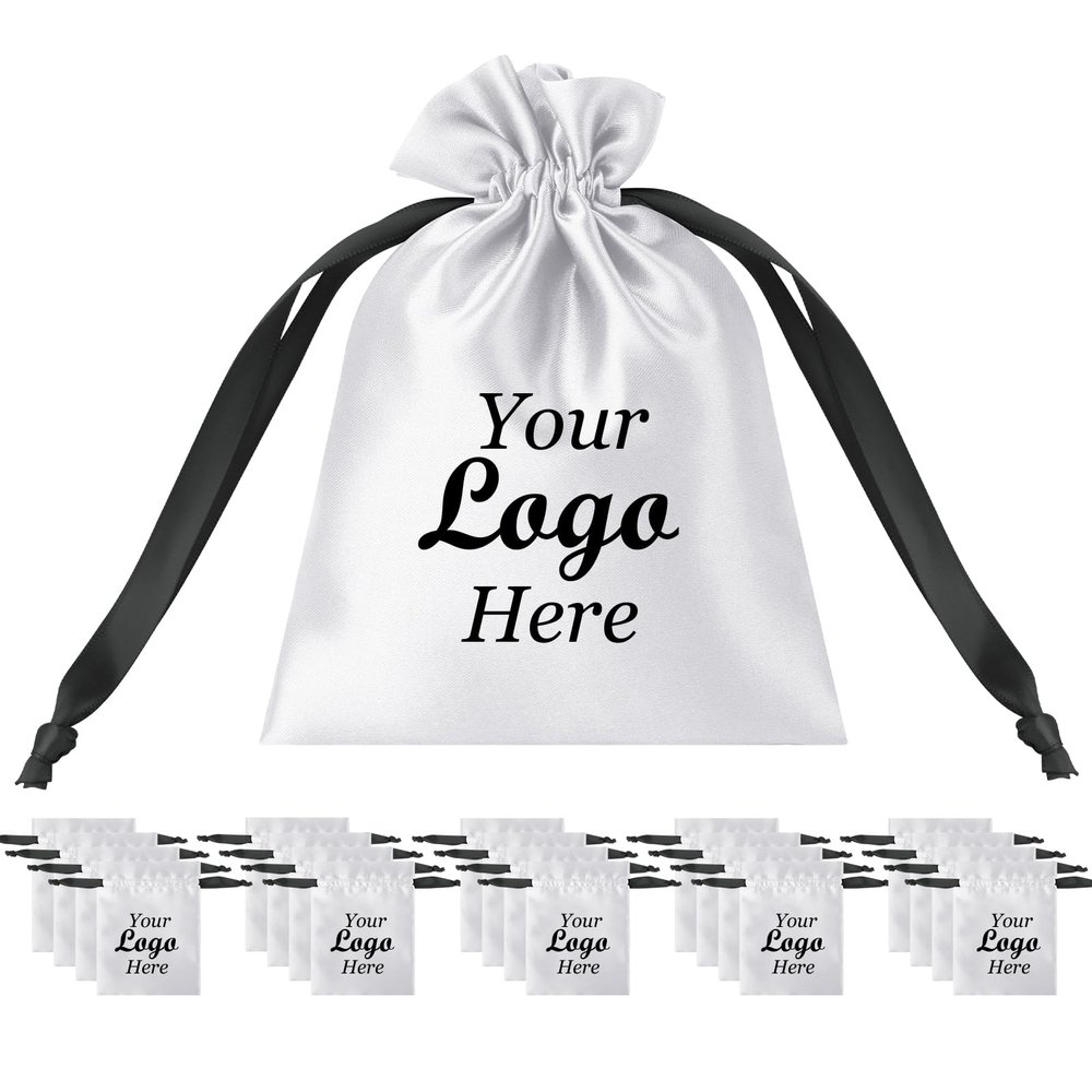 TopTie Custom 50 PCS Silk Satin Gift Bag with Drawstring, Jewelry Pouch Bags Logo Printed Premium Cosmetic Bag, 3.2 X 4.3 Inches