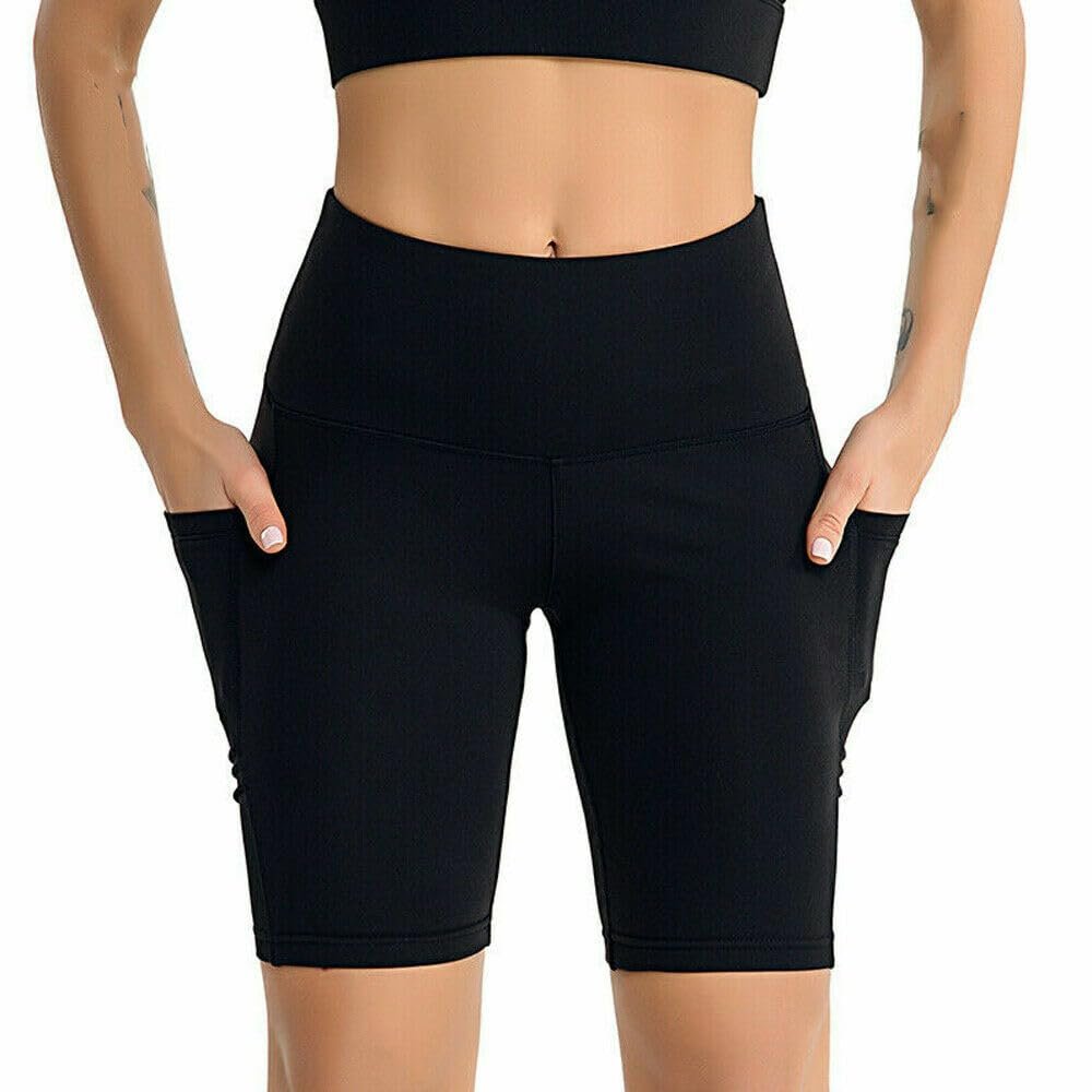 Boolavard Shorts for Women with Pockets High Waisted Tummy Control Workout Yoga Running Gym Short Pants (XL, Black)