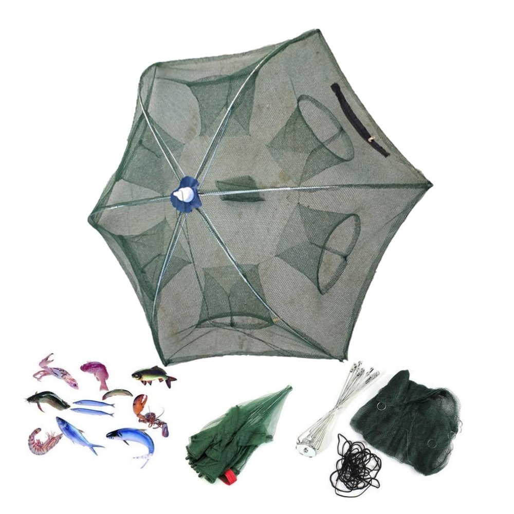 Kisangel Foldable Crab Net Trap Six Entrances for Fishing Automatic Umbrella Design for Catching Fish Minnow Crawfish and Shrimp Lightweight and Easy to Use