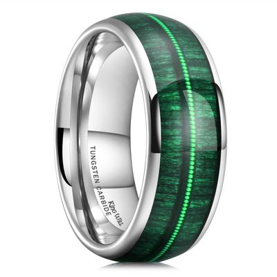 King Will Tungsten Wedding Band Promise Ring for Men 8mm Silver Domed Polished Ring with Green Wood Inlay Green Steel Wire 8.5