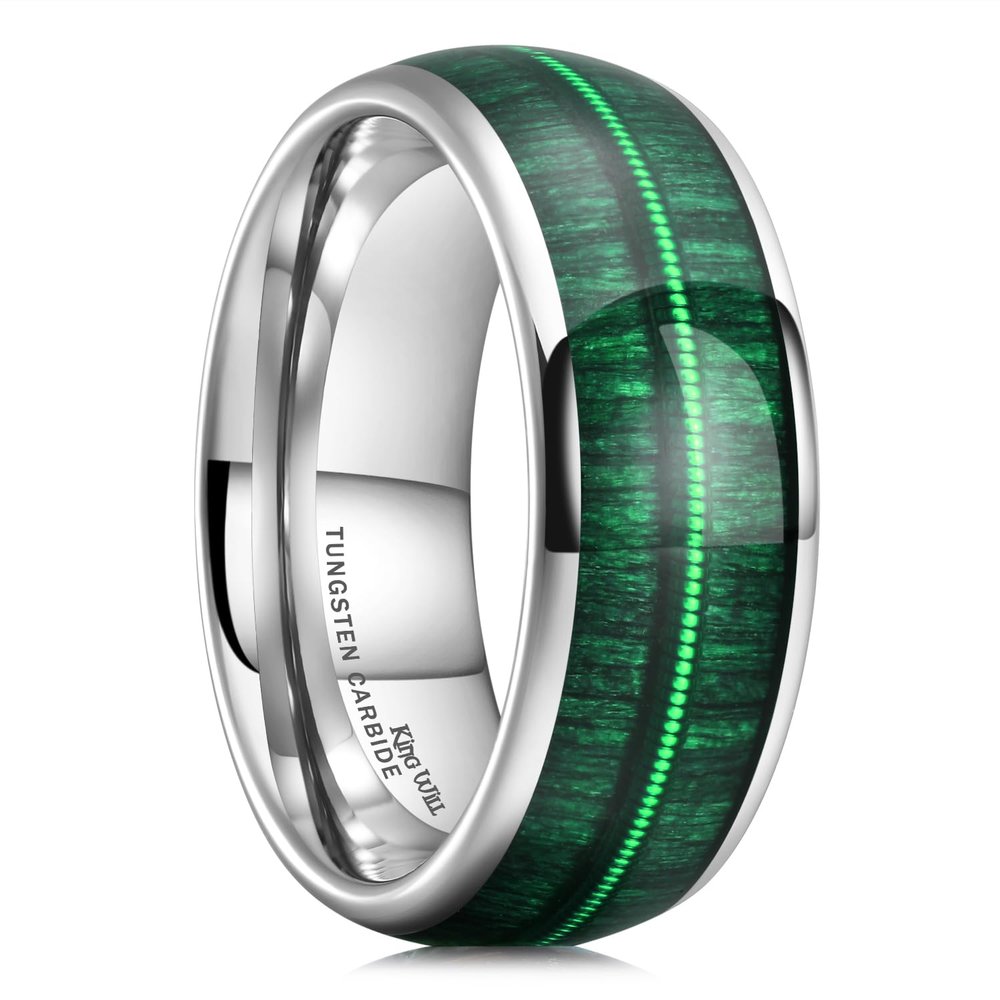 King Will Tungsten Wedding Band Promise Ring for Men 8mm Silver Domed Polished Ring with Green Wood Inlay Green Steel Wire 8.5