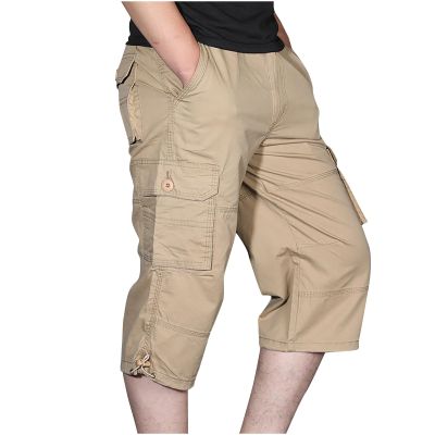 Men's 3/4 Capri Pants Below Knee Hiking Cargo Long Shorts Elastic Waited Relaxed Fit Twill Cotton Casual Work Shorts Pantalones Cargo Pantalones Hombre Montaa Khaki
