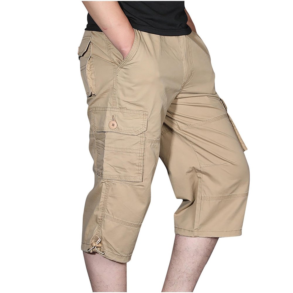 Men's 3/4 Capri Pants Below Knee Hiking Cargo Long Shorts Elastic Waited Relaxed Fit Twill Cotton Casual Work Shorts Pantalones Cargo Pantalones Hombre Montaa Khaki