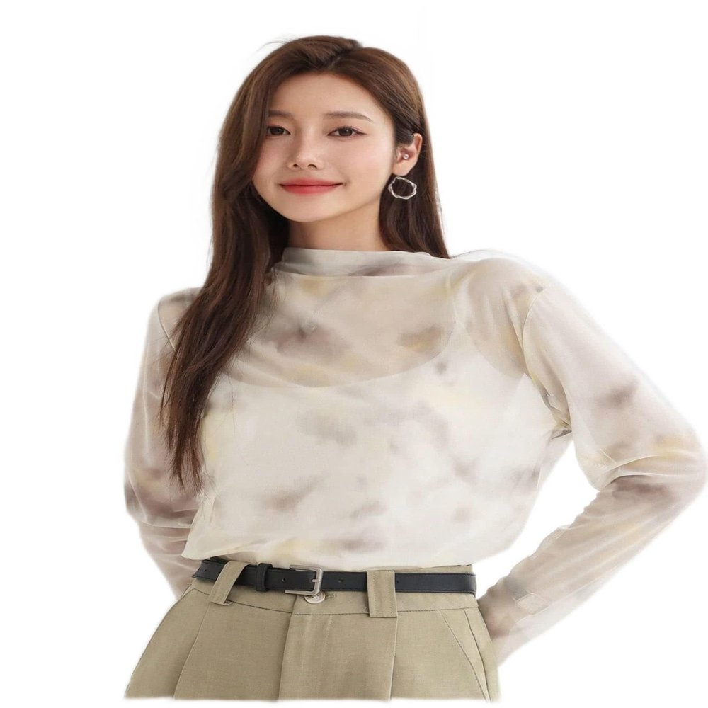 Women's Tops Shirts Sexy Tops for Women Shirts Tie Dye Mock Neck Top Shirts (Color : Apricot, Size : X-Small)