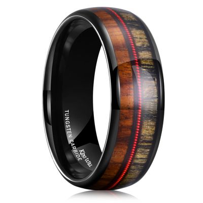 King Will Tungsten Wedding Band Promise Ring for Men 8mm Black Domed Polished Ring with Brown Zebra Wood Koa Wood Inlay Black Steel Wire 7