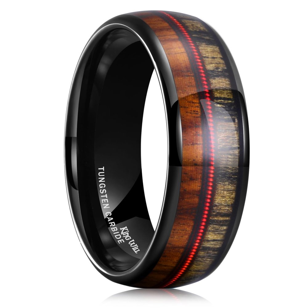 King Will Tungsten Wedding Band Promise Ring for Men 8mm Black Domed Polished Ring with Brown Zebra Wood Koa Wood Inlay Black Steel Wire 7