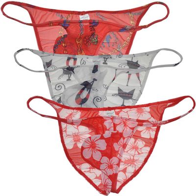 Botmois Sexy Men's Printed Mesh Bikini Briefs Underwear C-Thru Ruched Back Underpants Male Bulge Pouch Sheer Lingeries Beach 3-Pack(Chain,White Cat,Wintersweet) L