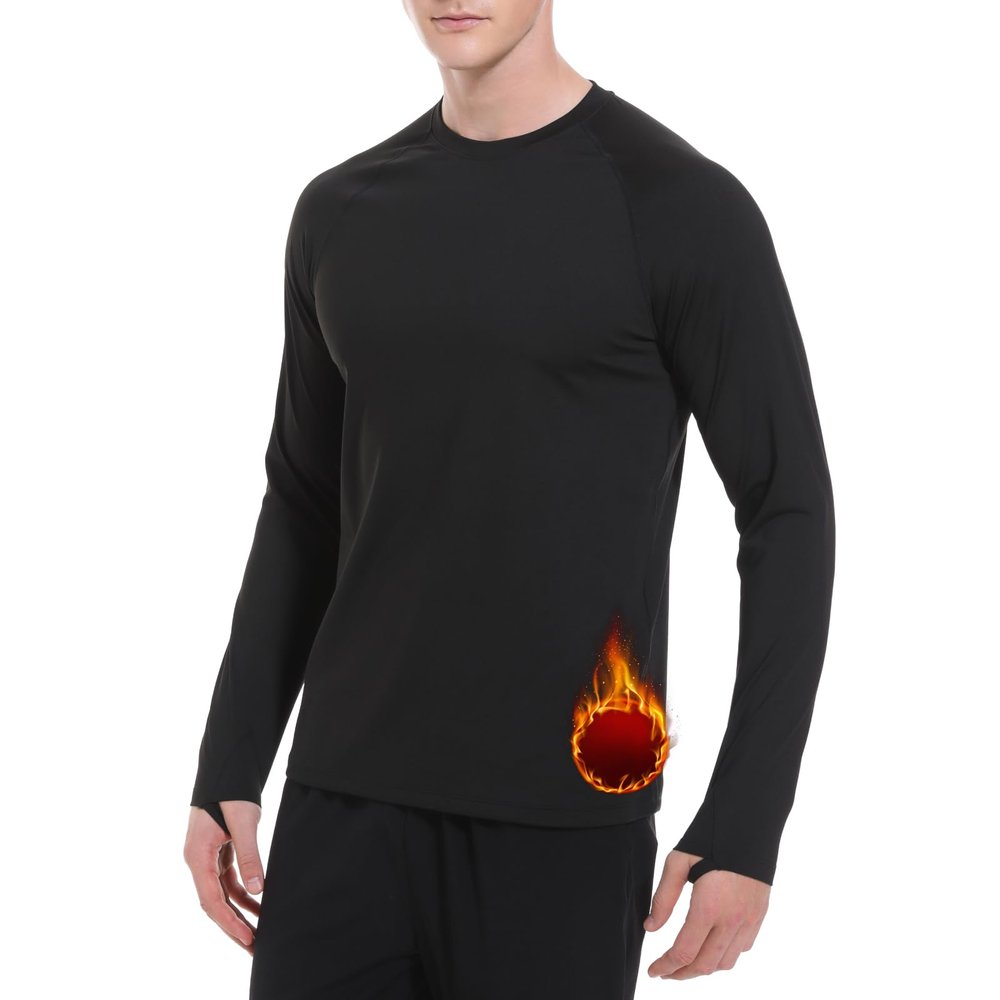 Cagola Men's Thermal Shirts with Thumb Loops Fleece Lined Long Sleeves Mid Weight Crew Neck Base Layer Tops Winter Workout Keep Warm Black XXL