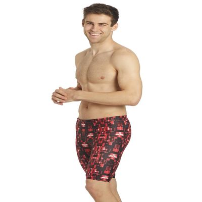 iSwim Varsity Blur Jammer Swimsuit Mens' Training Swim Shorts, Quick Dry, UPF 50+, Front Lined, Athletic Fit - Red - 30