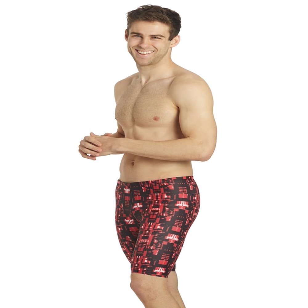 iSwim Varsity Blur Jammer Swimsuit Mens' Training Swim Shorts, Quick Dry, UPF 50+, Front Lined, Athletic Fit - Red - 30