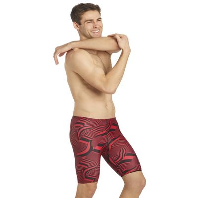 iSwim Men's & Boy's Jammer Swimsuit, UPF 50+ Sun Protection, Durable Polyester Spandex, Adjustable Drawstring Waist, Ideal for Competitive Swimming, Swirl - Red - 40