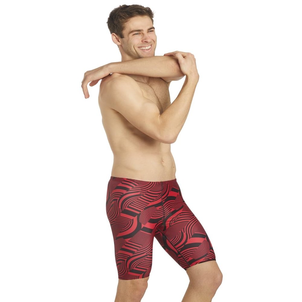 iSwim Men's & Boy's Jammer Swimsuit, UPF 50+ Sun Protection, Durable Polyester Spandex, Adjustable Drawstring Waist, Ideal for Competitive Swimming, Swirl - Red - 40