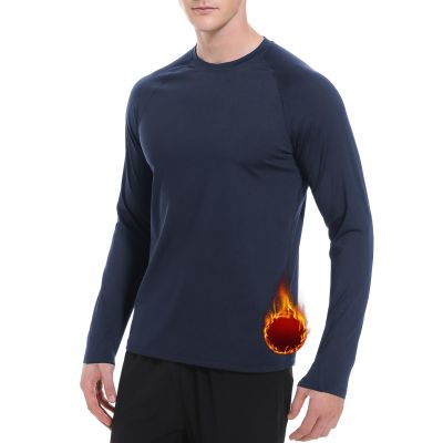 Cagola Men's Thermal Shirts with Thumb Loops Fleece Lined Long Sleeves Mid Weight Crew Neck Base Layer Tops Winter Workout Keep Warm Navy XXL