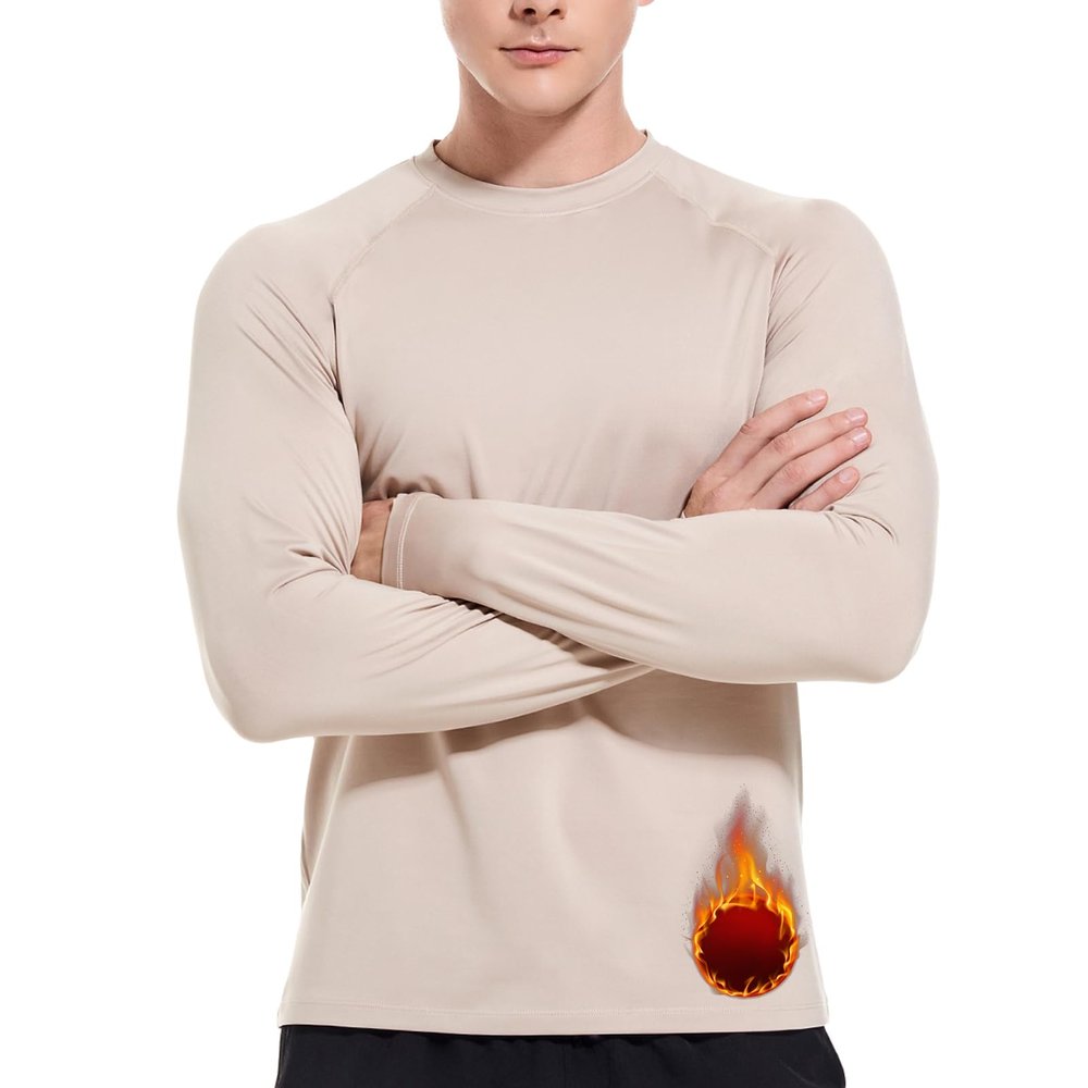 Cagola Men's Fleece Lined Long Sleeve T Shirts Mid-Weight Thermal Crewneck Underwear Pullover Warm Base Layer Tops for Cold Weather Khaki 3XL