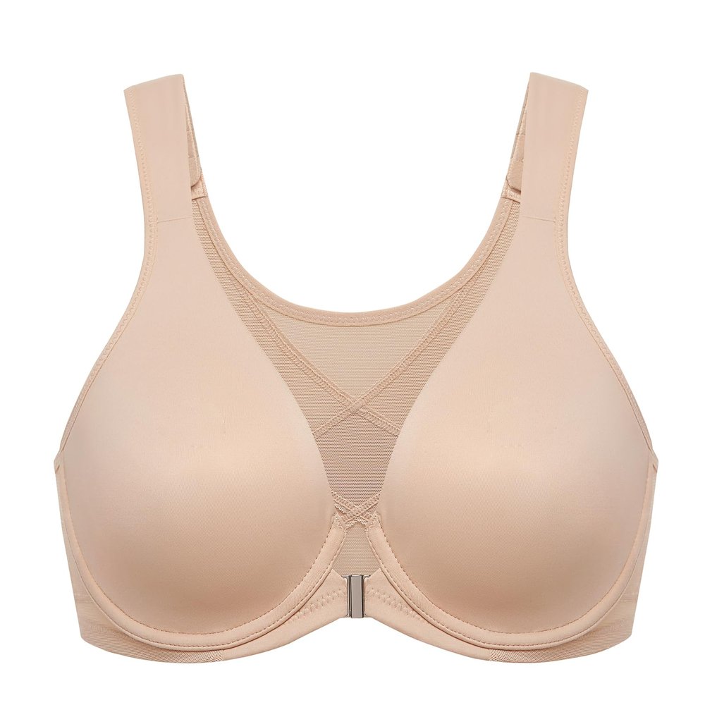 DELIMIRA Women's Front Closure Bras Posture Full Coverage Plus Size Underwire Unlined Back Support Plunge Seamless Bra B-H Cups Beige 34C