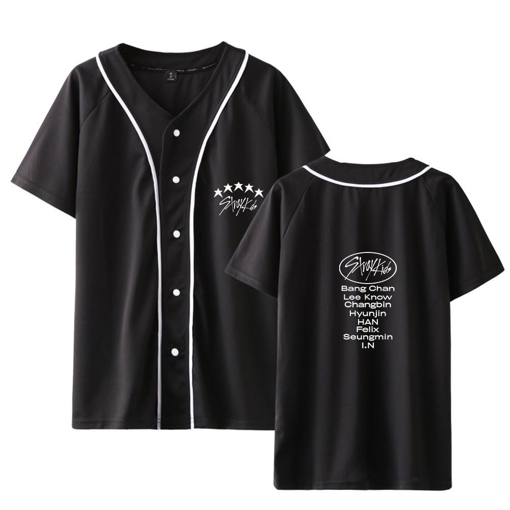 Xkpopfans SKZ Album 5 Star Shirt Baseball Jersey Hyunjin Jisung Bangchan Support T-Shirt Black