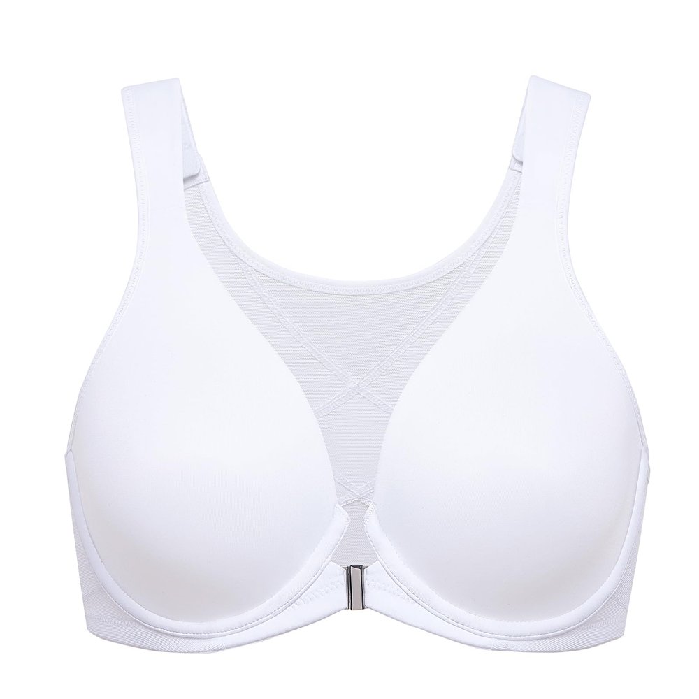 DELIMIRA Women's Front Closure Bras Posture Full Coverage Plus Size Underwire Unlined Back Support Plunge Seamless Bra B-H Cups White 40G