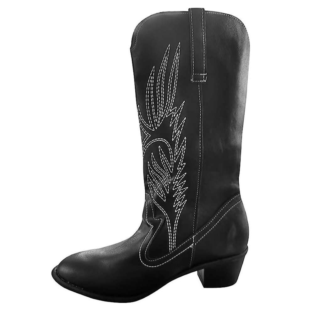 Ladmiple Boots For Women Cowboy Style Sparkly Women's Embroidered Western Cowboy Boots Knee High Stitching Almond Medium Heel Chunky Heel Pointed Toe Fashion Retro Classic Boot Pull-On