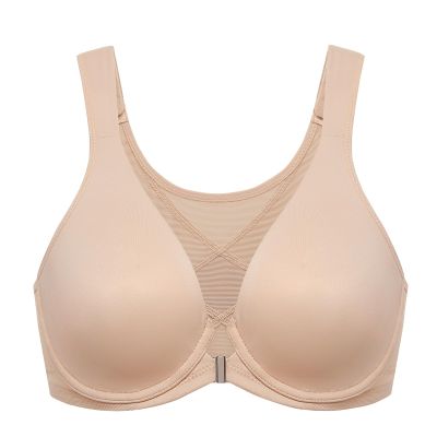 DELIMIRA Women's Front Closure Bras Posture Full Coverage Plus Size Underwire Unlined Back Support Plunge Seamless Bra B-H Cups Beige 40D