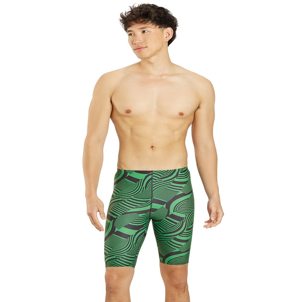 iSwim Men's & Boy's Jammer Swimsuit, UPF 50+ Sun Protection, Durable Polyester Spandex, Adjustable Drawstring Waist, Ideal for Competitive Swimming, Swirl - Green - 38