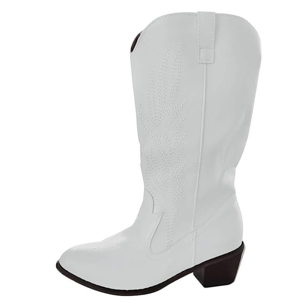 Cowgirl Boots Women White Sparkle Cowboy Boots for Women Wide Calf Knee High Cowgirl Boots with Side Zipper Embroidery Mid Heel Retro Fashion Tall Boot Pull On for Ladies