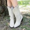 Cowgirl Boots Women White Sparkle Cowboy Boots for Women Wide Calf Knee High Cowgirl Boots with Side Zipper Embroidery Mid Heel Retro Fashion Tall Boot Pull On for Ladies view 2