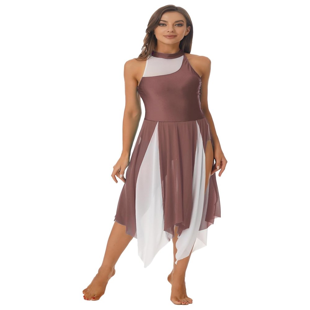 TiaoBug Women Lyrical Dance Costume Color Block Sleeveless Modern Contemporary Mesh Long Skirt Reddish Brown XX-Large