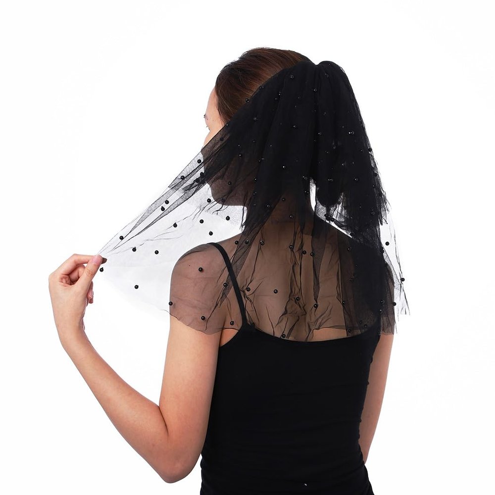Aularso Black Pearl Veil 118'' Cathedral Wedding Veil Long Bridal Veils 2 Tier Short Veil for Brides Tulle Veils for Halloween (Black-2Tier)