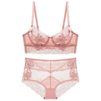 LoRier Women's Sexy Soft Floral Lace Lingerie Set See Through Unlined Underwire Sheer Bra and Panty Set Rose Pink