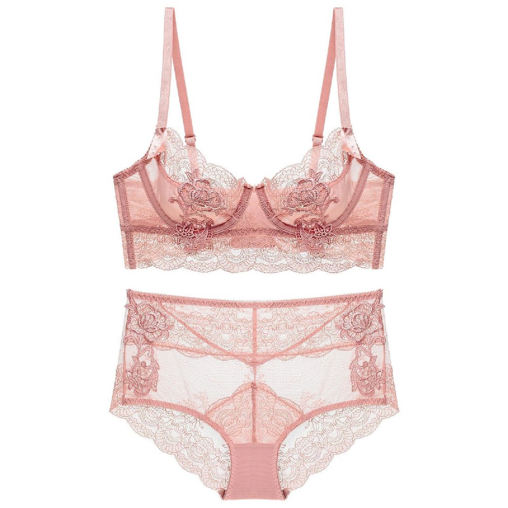 LoRier Women's Sexy Soft Floral Lace Lingerie Set See Through Unlined Underwire Sheer Bra and Panty Set Rose Pink