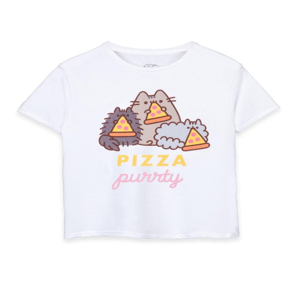 Pusheen Girls Short Sleeve T-Shirt | Young Ladies Pizza Purrty Cat White Graphic Tee | Internet Cat Cute Daywear
