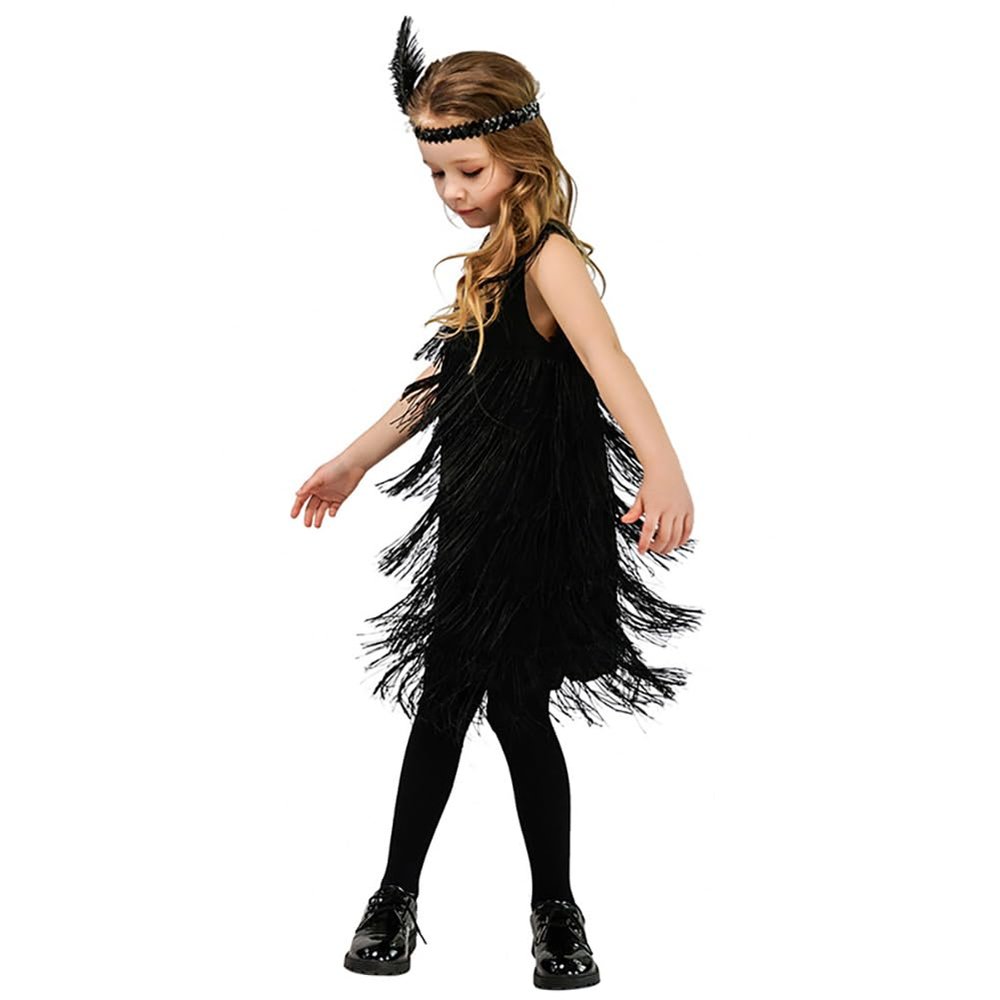 20's Flapper Dresses for Girls 1920s Gatsby Black Flapper Dress Sleeveless Tassel Fringe Dress with Feather Headband Roaring 20s Party Black 4-6 Years