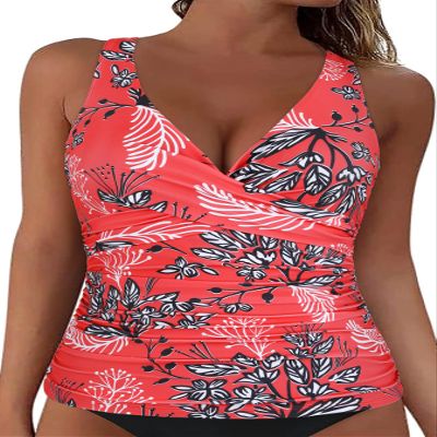 coastal rose Women's Underwire Swimsuit Top Twist V Neck Tankini Tops Supportive Tummy Control Bathing Suit Top Red Floral US10
