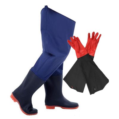 PVC Hip Wading Boots with 46cm Long Waterproof Fishing Gloves, Durable, Slip Resistant and Comfortable (Color : Blue, Size : 10)