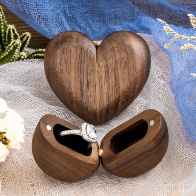 Esseur Personalized Single-Compartment Heart Shaped Wedding Ring Box, Walnut Ring Box for Wedding Proposal, Newlywed Gift for Her
