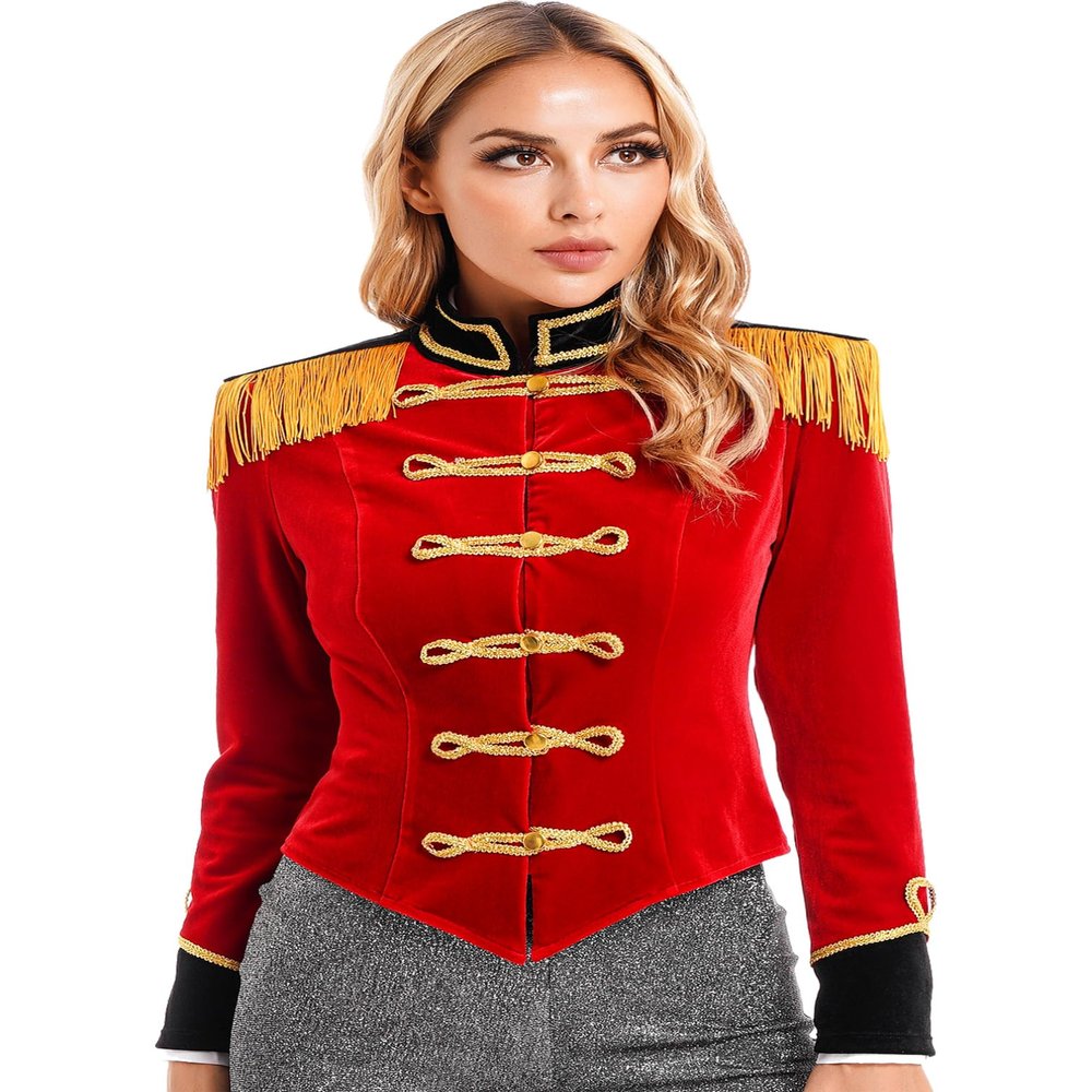iiniim Womens Circus Ringmaster Costume Long Sleeve Fringed Button Down Jacket Coat Halloween Cosplay Costume Red 3X-Large