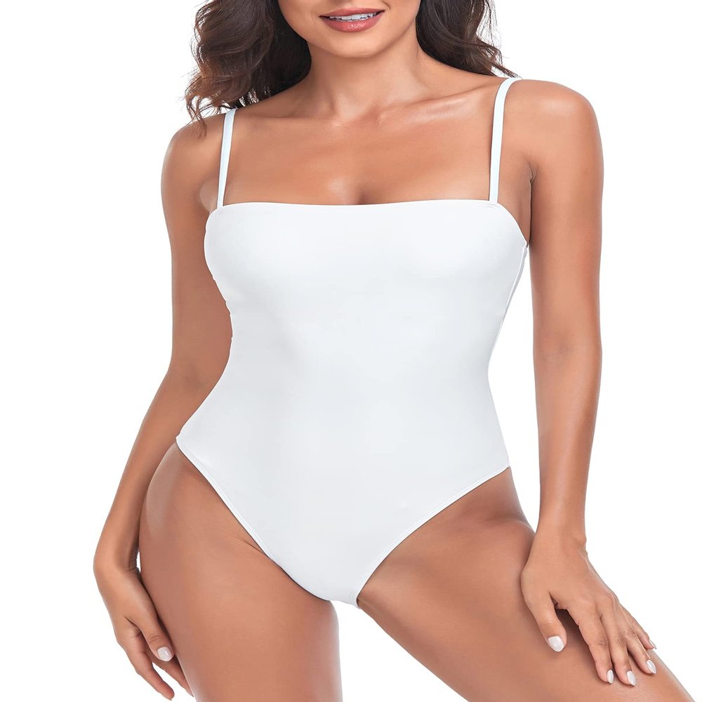 Colloyes Women's White One Piece Bathing Suit with Adjustable Straps Bandeau One Piece Swimsuit Size Medium
