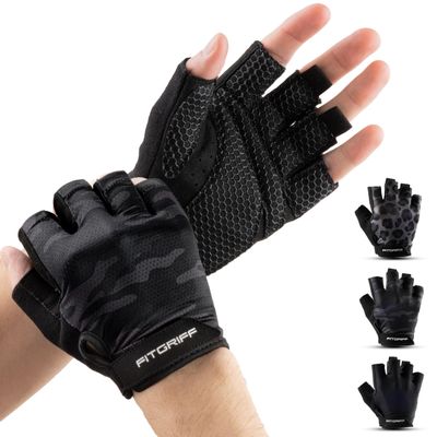 Fitgriff Workout Gloves (Padded) for Men & Women - Fingerless Gym Gloves for Weight Lifting, Training - Full Palm Protection (Camo-Black, Size 6)