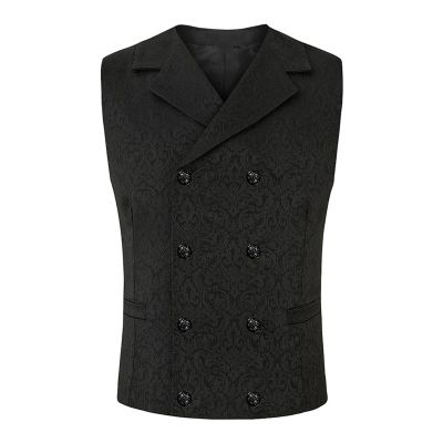 Cambkatl Mens Double Breasted Jacquard Suit Vest Gothic Steampunk Victorian Brocade Waistcoat Business Tuxedo Vest