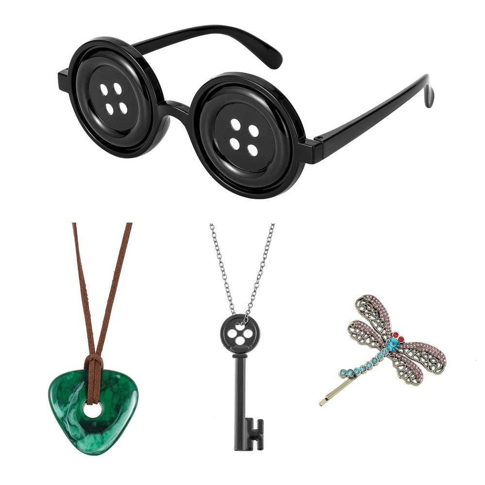 ANZWTLOYY Button Eyes Glasses Key Necklace Dragonfly Hairpin Horror Movie Stuff Merch Merchandise Halloween Costume Accesories 4PCS (Set)