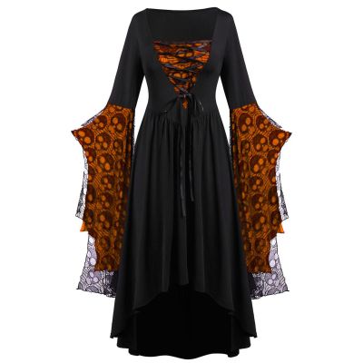 Womens Vintage Witch Costume Gothic Dress Halloween Party Cosplay Long Sleeve Lace Skull Print Lace-Up High Low Dress