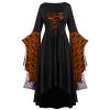 Womens Vintage Witch Costume Gothic Dress Halloween Party Cosplay Long Sleeve Lace Skull Print Lace-Up High Low Dress view 1