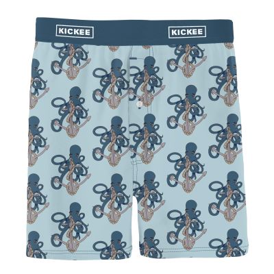 KICKEE Mens Print Boxer Short Underwear, Silky Soft Printed Boxer Briefs for Men, Lightweight and Breathable Mens Boxers (Spring Sky Octopus Anchor - S)