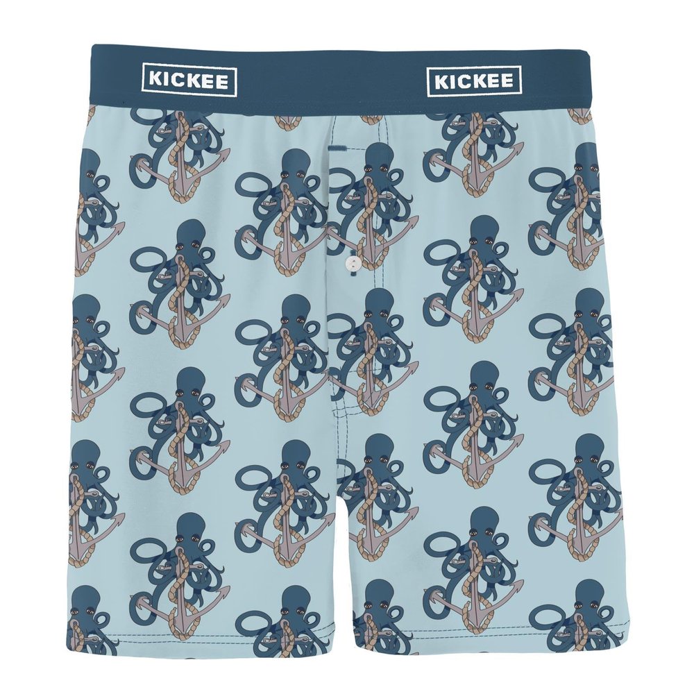 KICKEE Mens Print Boxer Short Underwear, Silky Soft Printed Boxer Briefs for Men, Lightweight and Breathable Mens Boxers (Spring Sky Octopus Anchor - S)