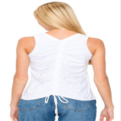 KNIT RIOT Womens Tank Top Ruched Drawstring Back Sleeveless Slim Fit Yoga Active Gym Workout Running T Shirts KR248 White M