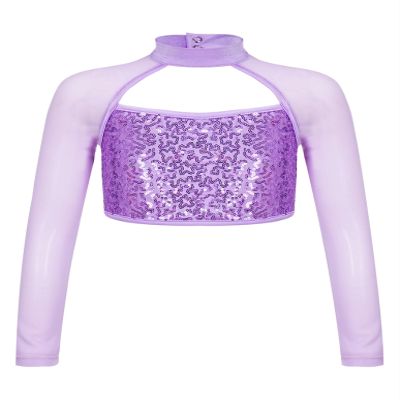 Shinsto Kids Girls Sequins Crop Tops Long Sleeve Mock Neck Jazz Hip Hop Ballet Dance Tops Dancewear Purple 16 Years